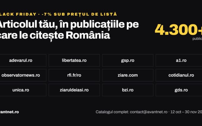 Black Friday 2026: Avantnet.ro oferă magazinelor online articole sponsorizate cu 7% sub prețul de listă, pe peste 4.300 de publicații din România